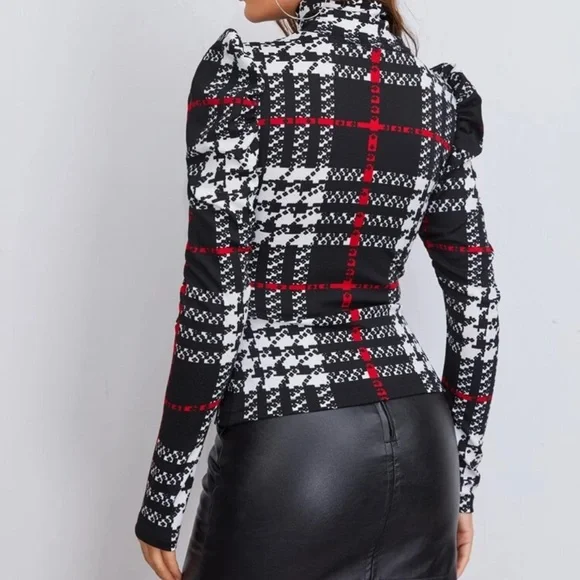 High Neck Gigot Sleeve Plaid Top - Picture 2 of 7